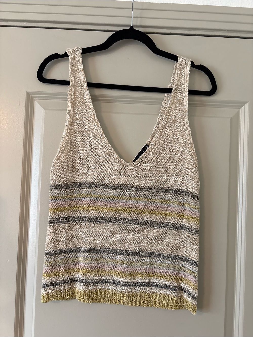 V-Neck Striped Knit Tank Top in Cream and Yellow